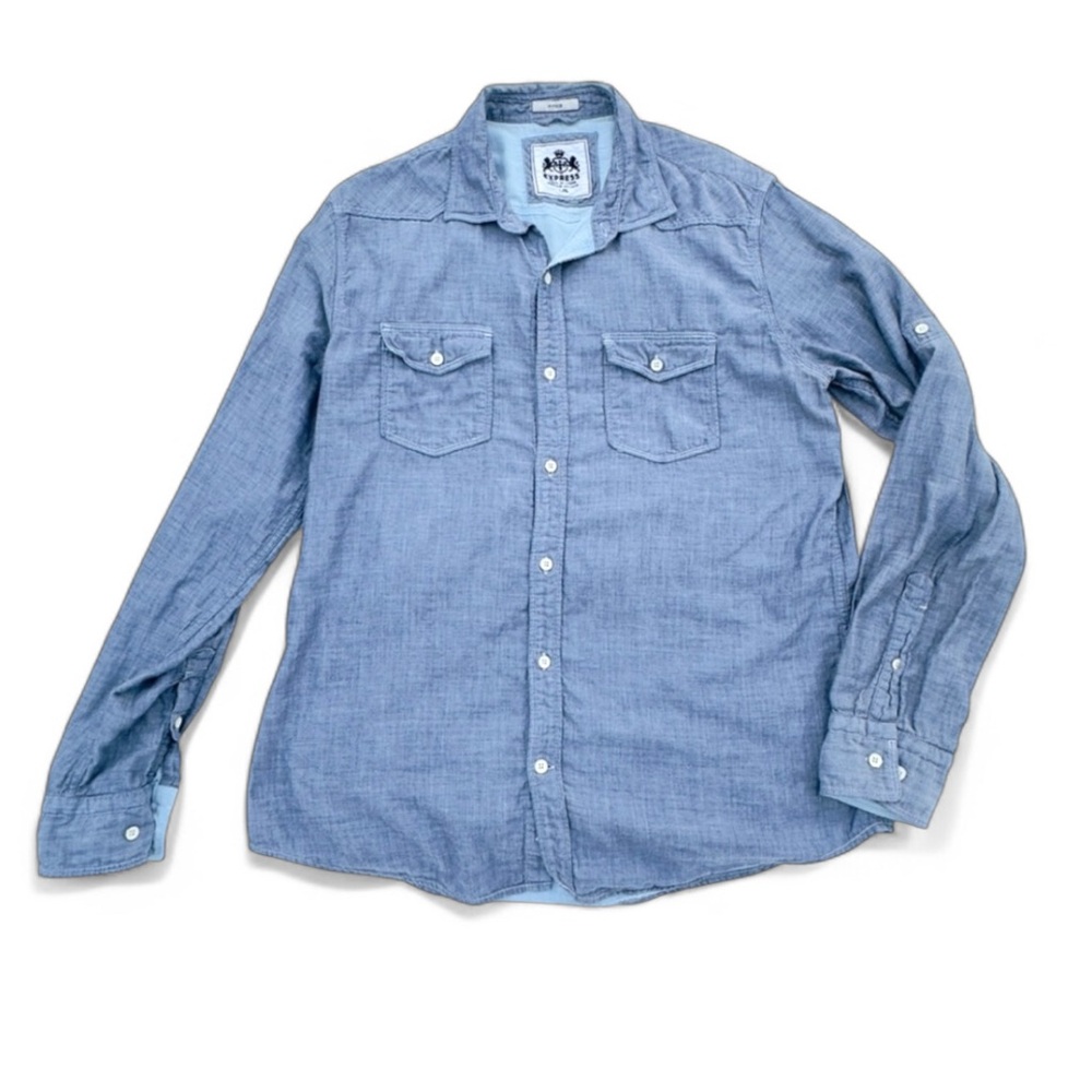 Mens Express Denim Blue Long Sleeve Button Up L Two Pocket Jean Shirt‎